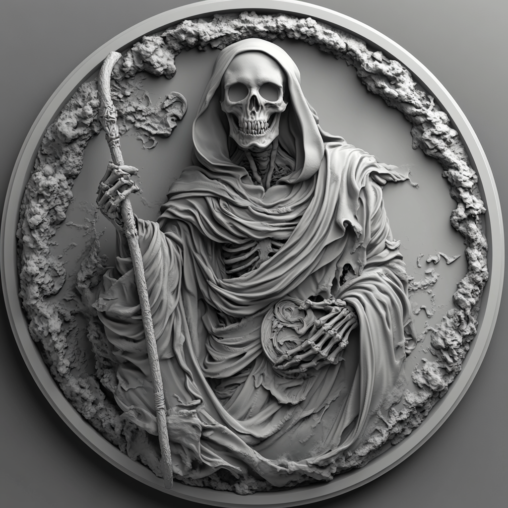 Design a high-contrast grayscale 3d bas relief of death, The composition should be circular like a coin emblem, designed for CNC routing with balanced lighting to accentuate fine details, sharp edges, and distinct textures. Employ deep shadows and strong highlights to define planes and surfaces clearly.