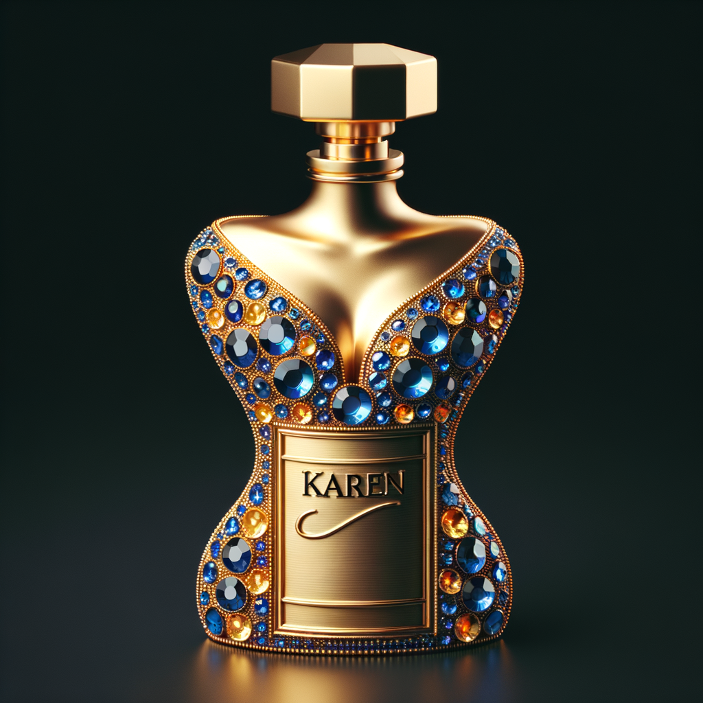 Create a 3-D realistic gold and  blue, colorful jewels perfume bottle
In the shape of a women’s body with the name Karen