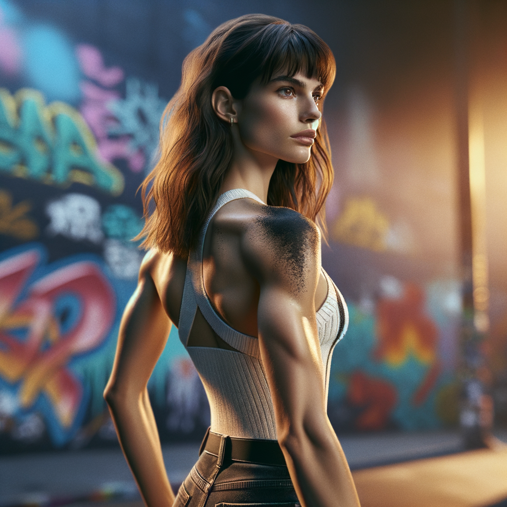 Athletic Thin skinny Attractive, Asian teenage girl, long brown hair and bangs, wearing tight skinny jeans and a halter top paint marks on her clothing, heroic pose Asian graffiti background,  backside view