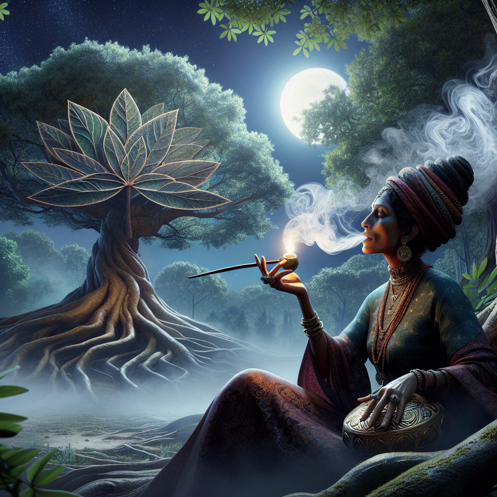 "In the heart of an enchanting forest glade, a mysterious witch reclines against an ancient tree, drawing fragrant, swirling smoke from a herbal pipe. The night air is calm, and the moonlight casts a gentle glow around her, illuminating her serene expression. Behind her, the backdrop features a stylized illustration of a five-lobed plant leaf, crafted with delicate artistry. The scene balances a sense of mystical tranquility with the natural beauty of her woodland sanctuary." Unreal Engine 5