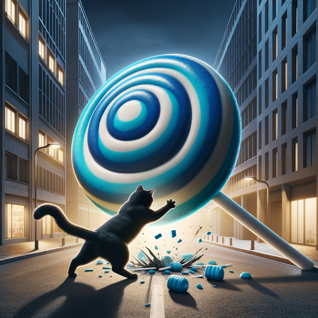 A giant blue lollipop being smashed into the ground by a black cat in the street