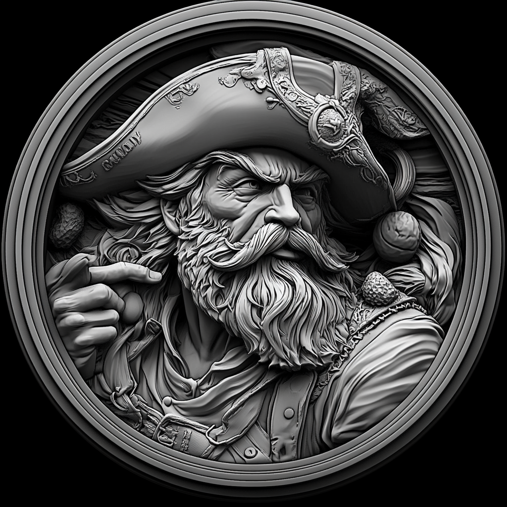 Design a high-contrast grayscale 3d bas relief of captain crunch, The composition should be circular like a coin emblem, designed for CNC routing with balanced lighting to accentuate fine details, sharp edges, and distinct textures. Employ deep shadows and strong highlights to define planes and surfaces clearly.