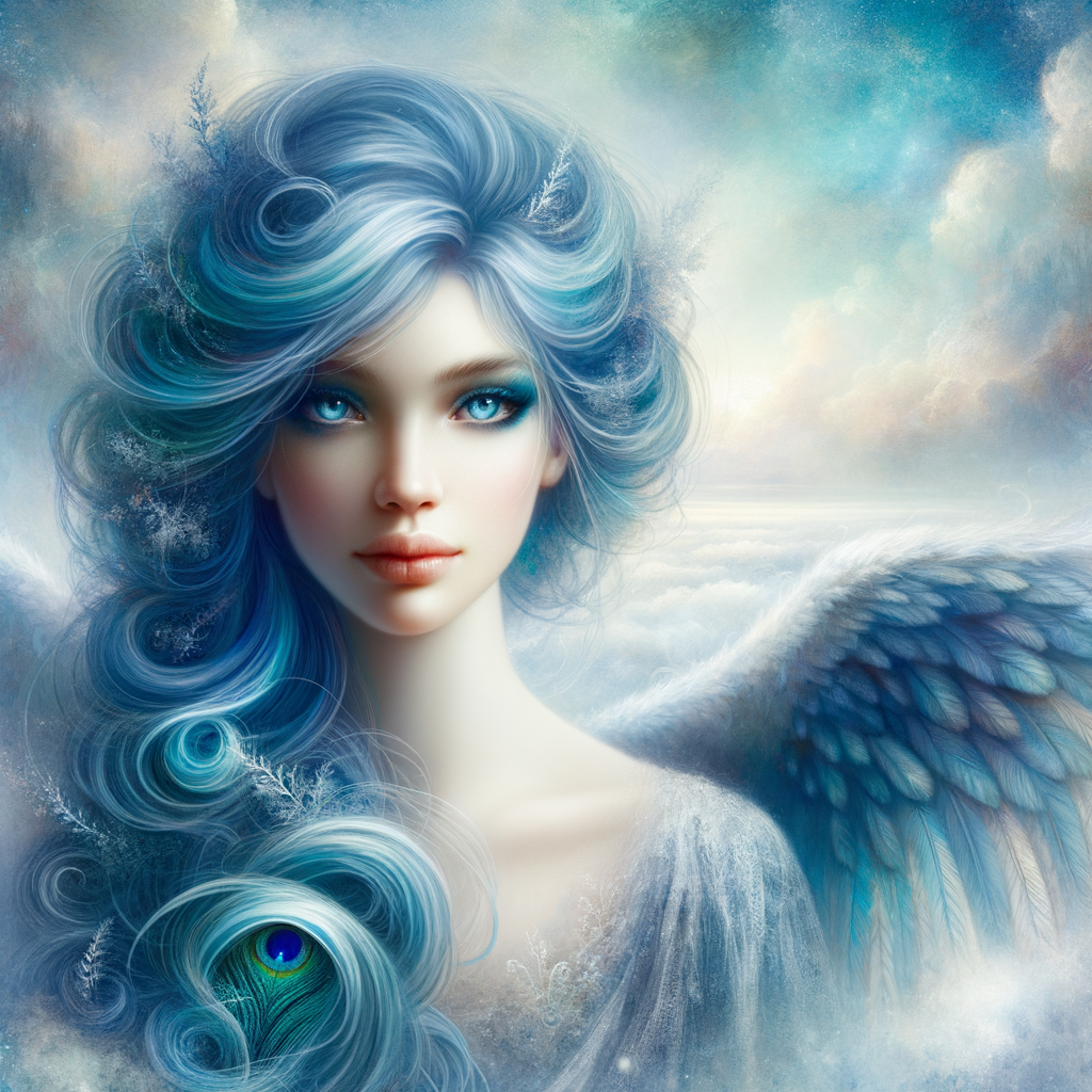 A topless angel with flowing peacock blue hair and bedroom eyes