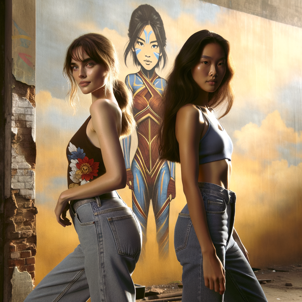 Athletic Thin skinny Attractive, Asian teenage girl, long brown hair and bangs, wearing tight skinny jeans and a halter top paint marks on her clothing, heroic pose Asian graffiti background, backside view