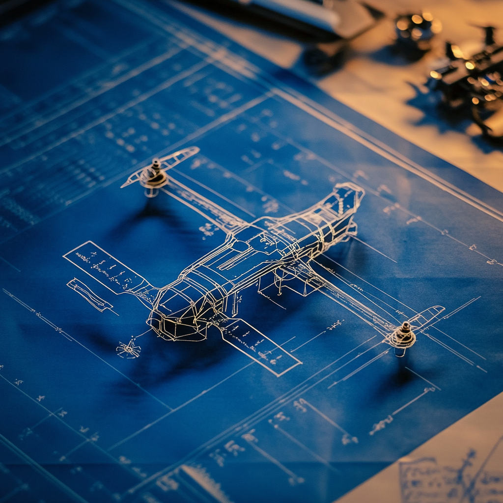 A detailed specification sheet on blueprint paper for drone with callouts and dimensions, highly technical