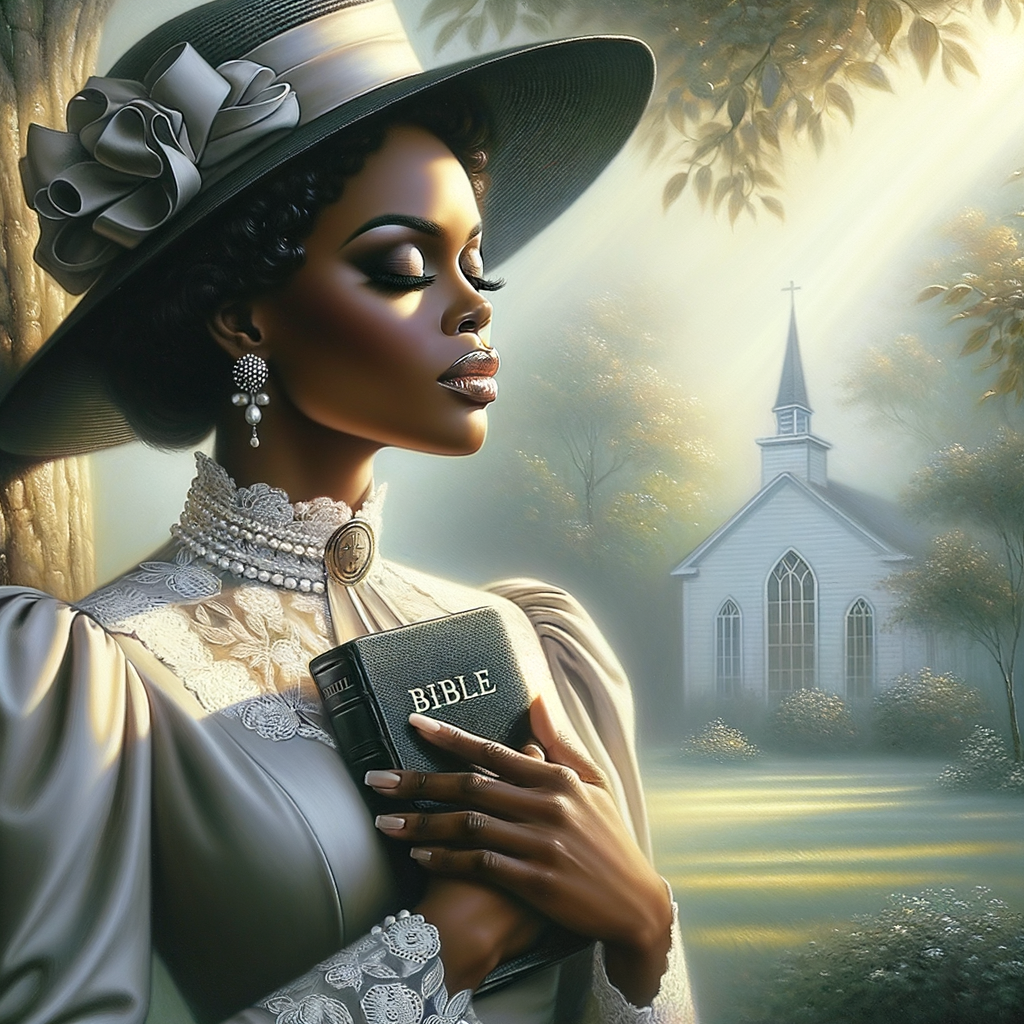 Render an airbrush oil painting of an African American woman with flawless makeup in a
contemplative pose, holding a Bible close to her heart, dressed in an elegant Sunday Best
outfit with a distinctive Church Hat. The background features a peaceful church garden,
with light filtering through the trees, highlighting her spiritual connection and the personal
moment of reflection. The artwork should capture the tranquility of the scene, the beauty
of her attire, and the depth of her contemplation, reflecting a serene and spiritually