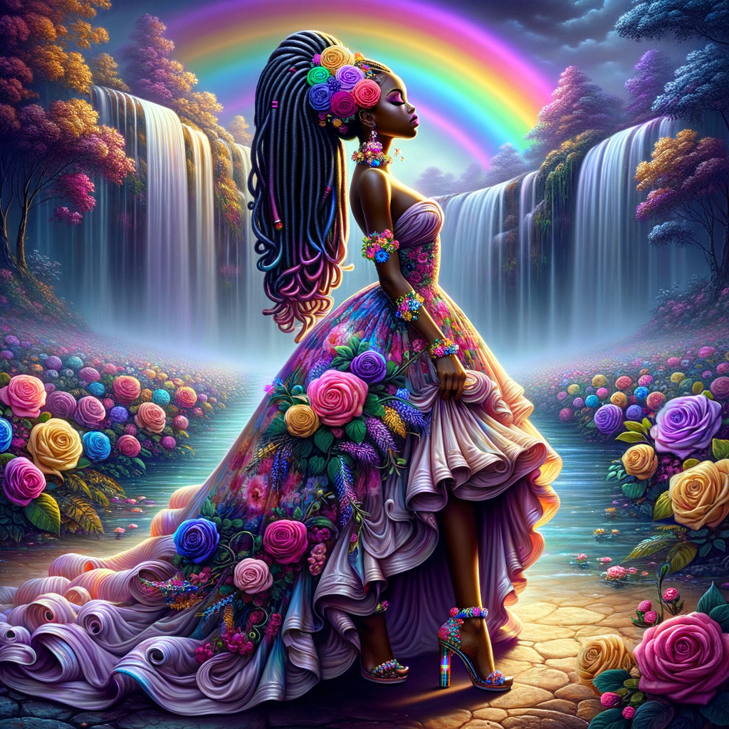 Remix Prompt
S/O Jackie Torres
S/O Panda Locke

create a animated style hyper realistic airbrush whimsical oil painting of a light African American woman wearing a flawless beautiful purple, pink, and gold blossom dress long flowing with colorful flowers and ruffles on the dress colorful jewelry made of flowers she has long black dreadlocks in a bun a colorful rose in her hair her peep toe shoes is matching her dress behind her is a beautiful waterfall liquid glowing lights beautiful colorful rainbow surrounded by beautiful roses.