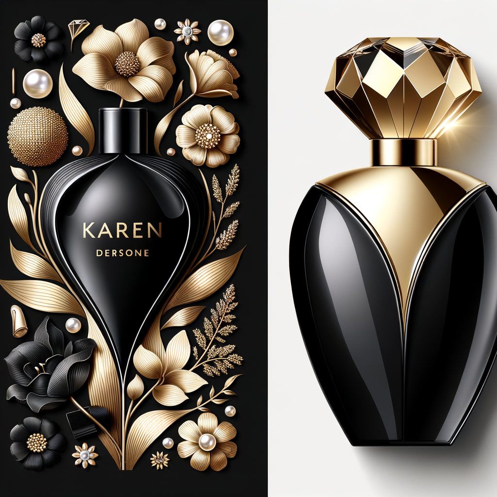 Design a fancy, black and gold bottle of perfume in the shape of a woman’s body. With a golden diamond top, flowers pearls and Diamonds in the name, Karen