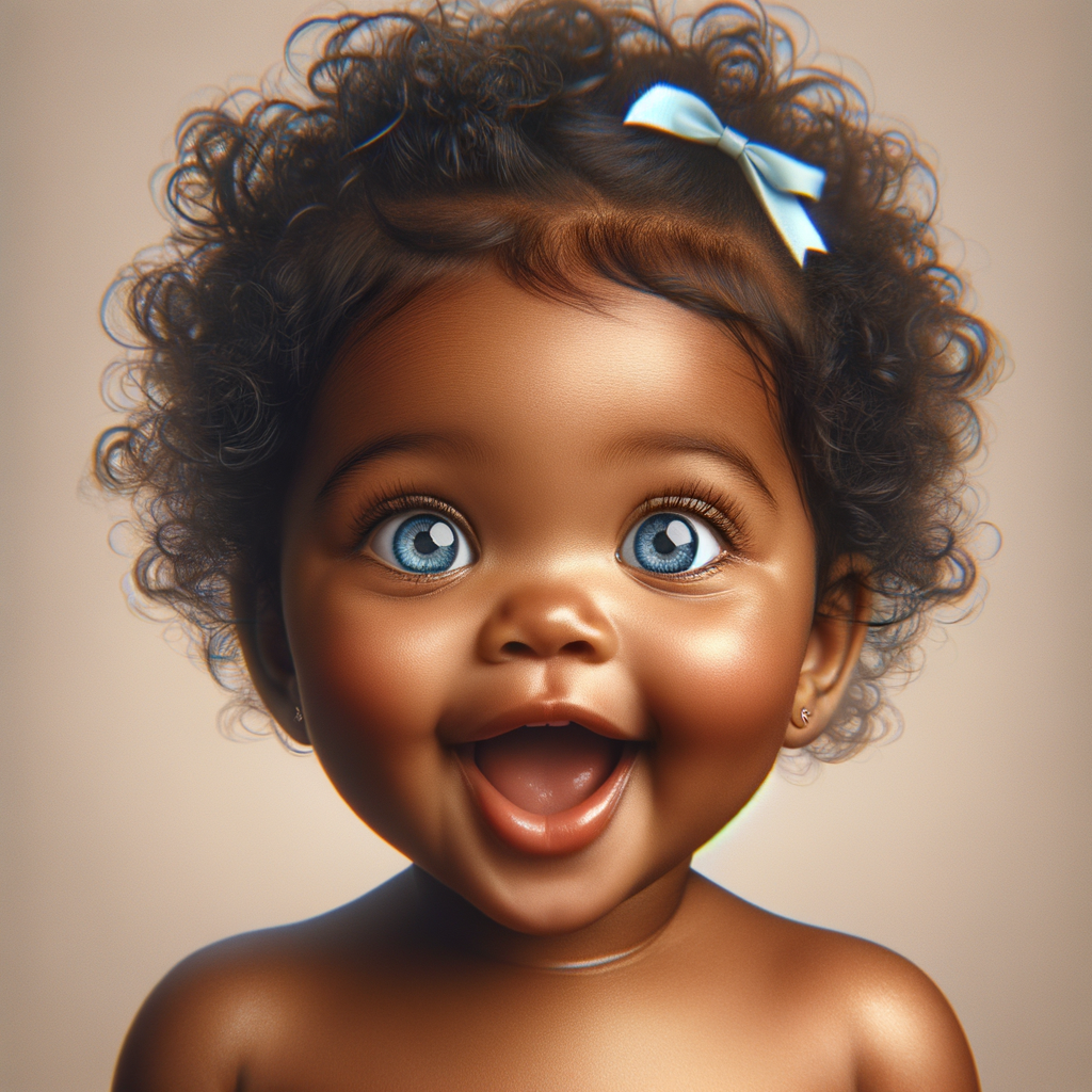 "Create a digital portrait of an adorable african-American baby girl with a joyful expression. Her big, bright blue eyes are wide with wonder, and her tiny mouth is shaped in a happy grin. Her skin has a warm, honey-brown tone, and she has an abundance of curly black hair, playfully tied up with light blue bows. The background is soft and neutral to keep the focus on her delightful features. The portrait should be vibrant and heartwarming, celebrating the innocence and charm of childhood."