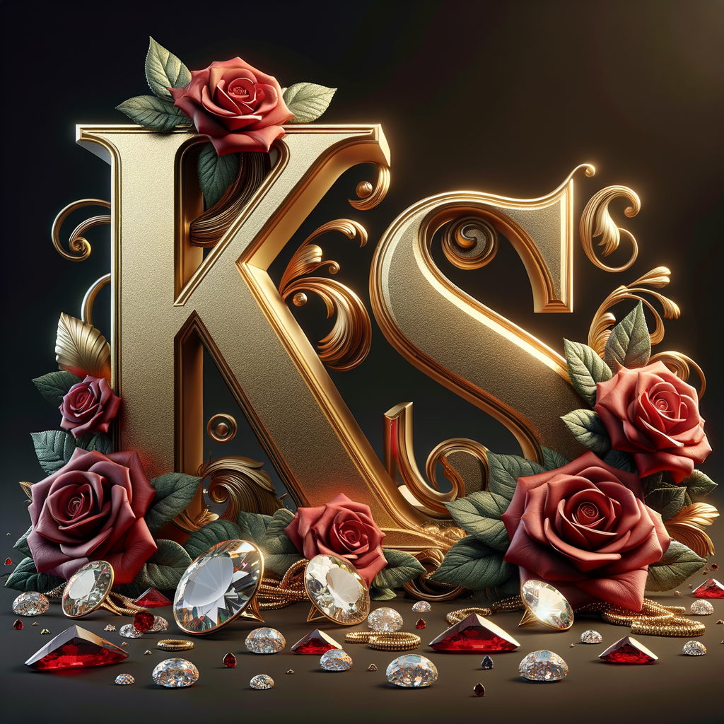 Create a 3-D realistic image with the letters  K.S. in gold raised letters and add some red roses. Add diamonds and colorful jewels