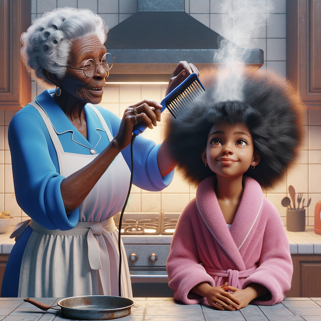 Create a realistic 3-D image of an african-American grandmother wearing a blue house dress and a white apron . She is in the kitchen with her african-American granddaughter. Her granddaughter is wearing a pink bath robe. The grandmother has a hot comb in her hand and she is straightening her granddaughters hair. One side of her granddaughters hair is in  a Afro the other straight 
There is smoke coming from the hot comb
The granddaughter is making a face