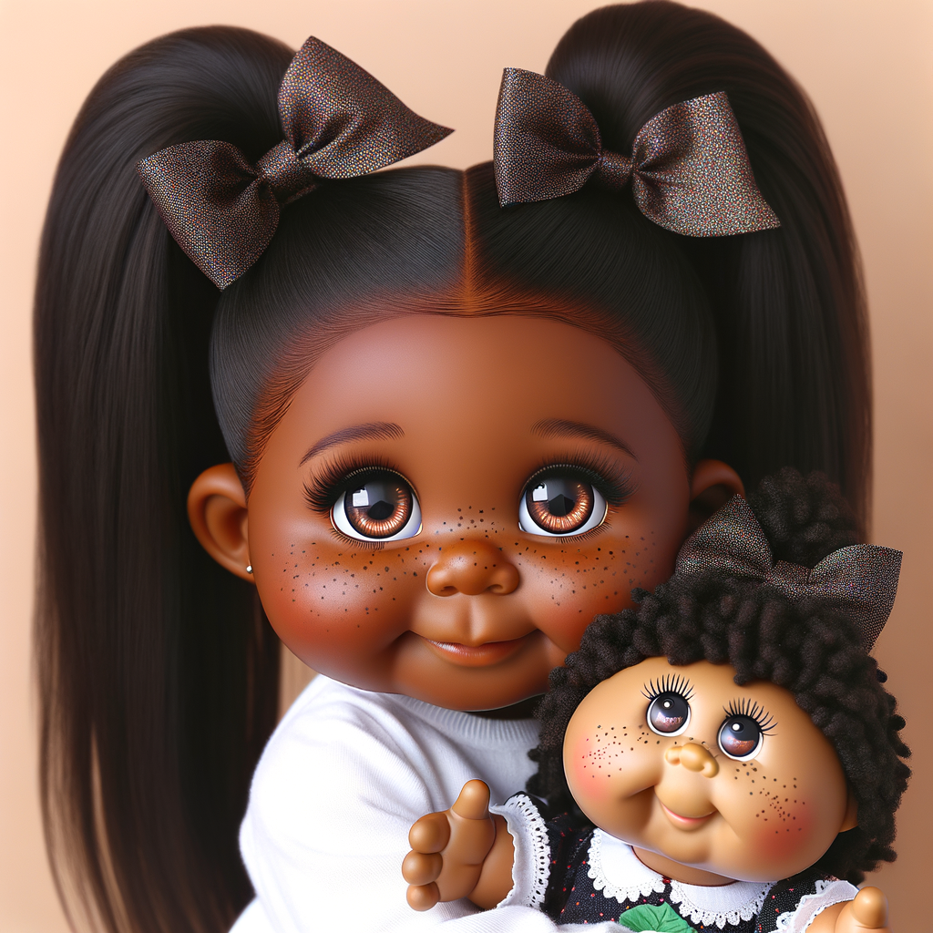 African-American girl with huge Hazel Brown eyes and long, black ponytails with Bows playing with African-American, cabbage Patch doll with huge dimples and freckles