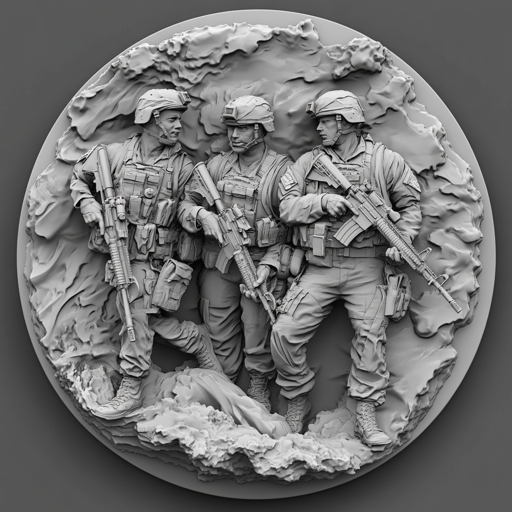 Design a high-contrast grayscale 3d bas relief of three marine soldiers, The composition should be circular like a coin emblem, designed for CNC routing with balanced lighting to accentuate fine details, sharp edges, and distinct textures. Employ deep shadows and strong highlights to define planes and surfaces clearly.