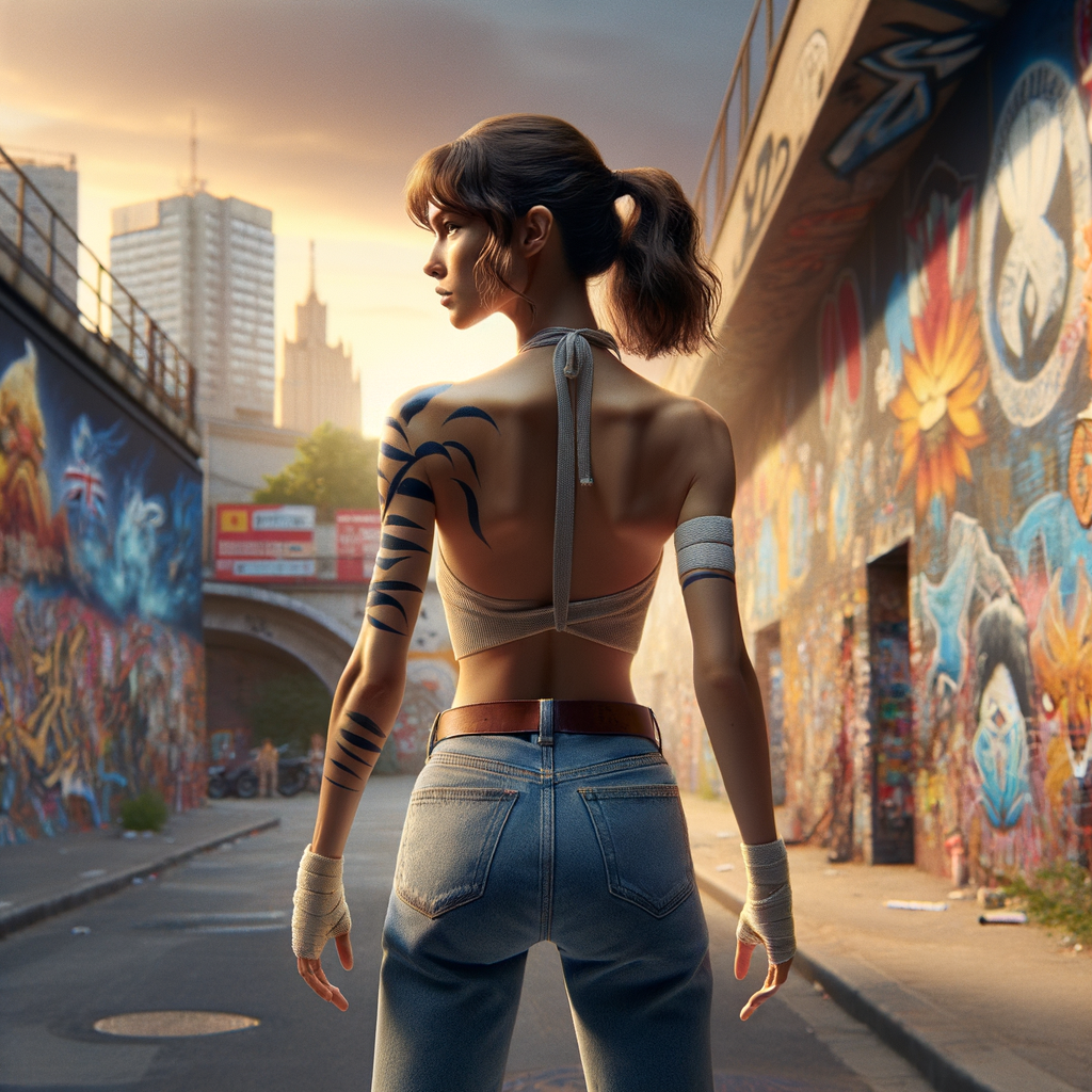 Athletic Thin skinny Attractive, Asian teenage girl, long brown hair and bangs, wearing tight skinny jeans and a halter top paint marks on her clothing, heroic pose Asian graffiti background,  backside view