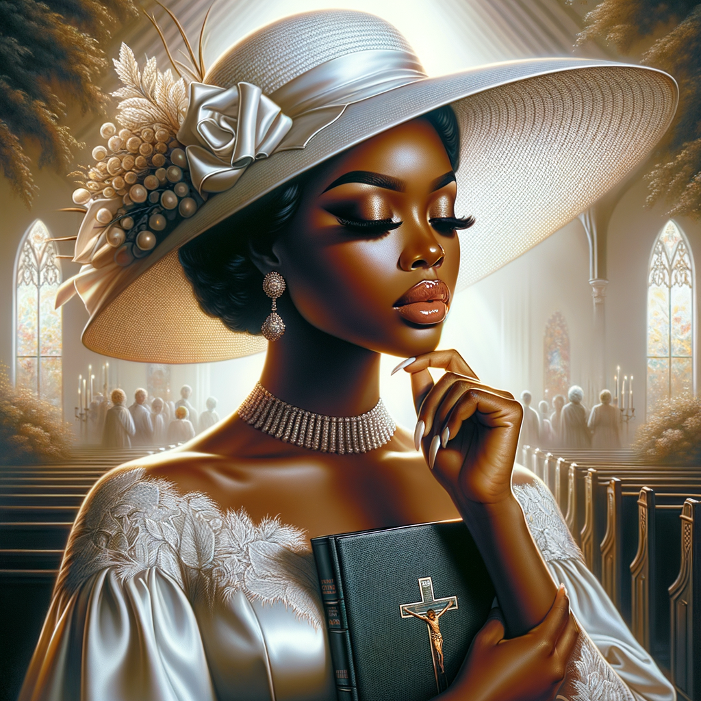 Render an airbrush oil painting of an African American woman with flawless makeup in a
contemplative pose, holding a Bible close to her heart, dressed in an elegant Sunday Best
outfit with a distinctive Church Hat. The background features a peaceful church garden,
with light filtering through the trees, highlighting her spiritual connection and the personal
moment of reflection. The artwork should capture the tranquility of the scene, the beauty
of her attire, and the depth of her contemplation, reflecting a serene and spiritually