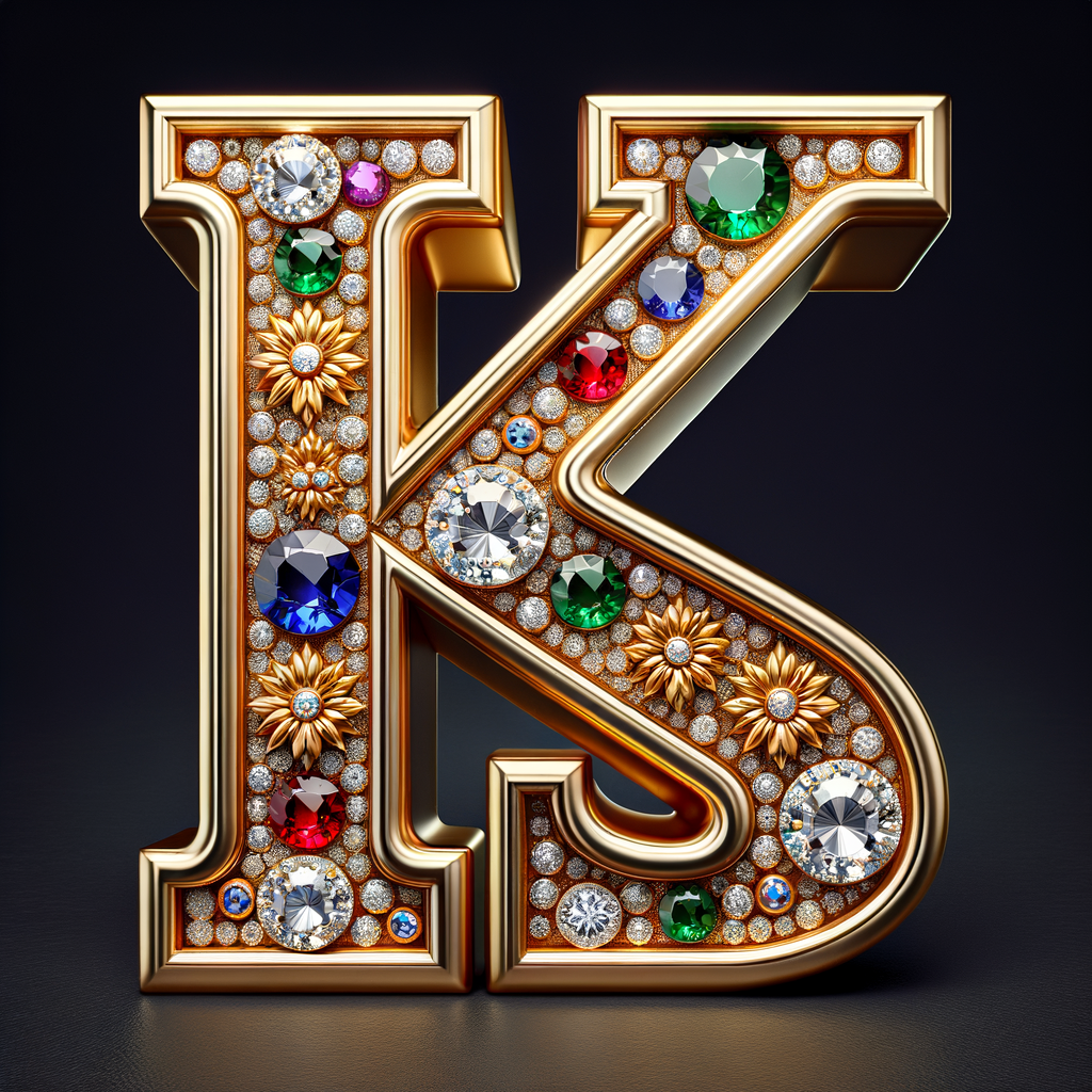 Create a 3-D realistic image with the letters  K.S. in gold raised letters , Add diamonds and colorful jewels