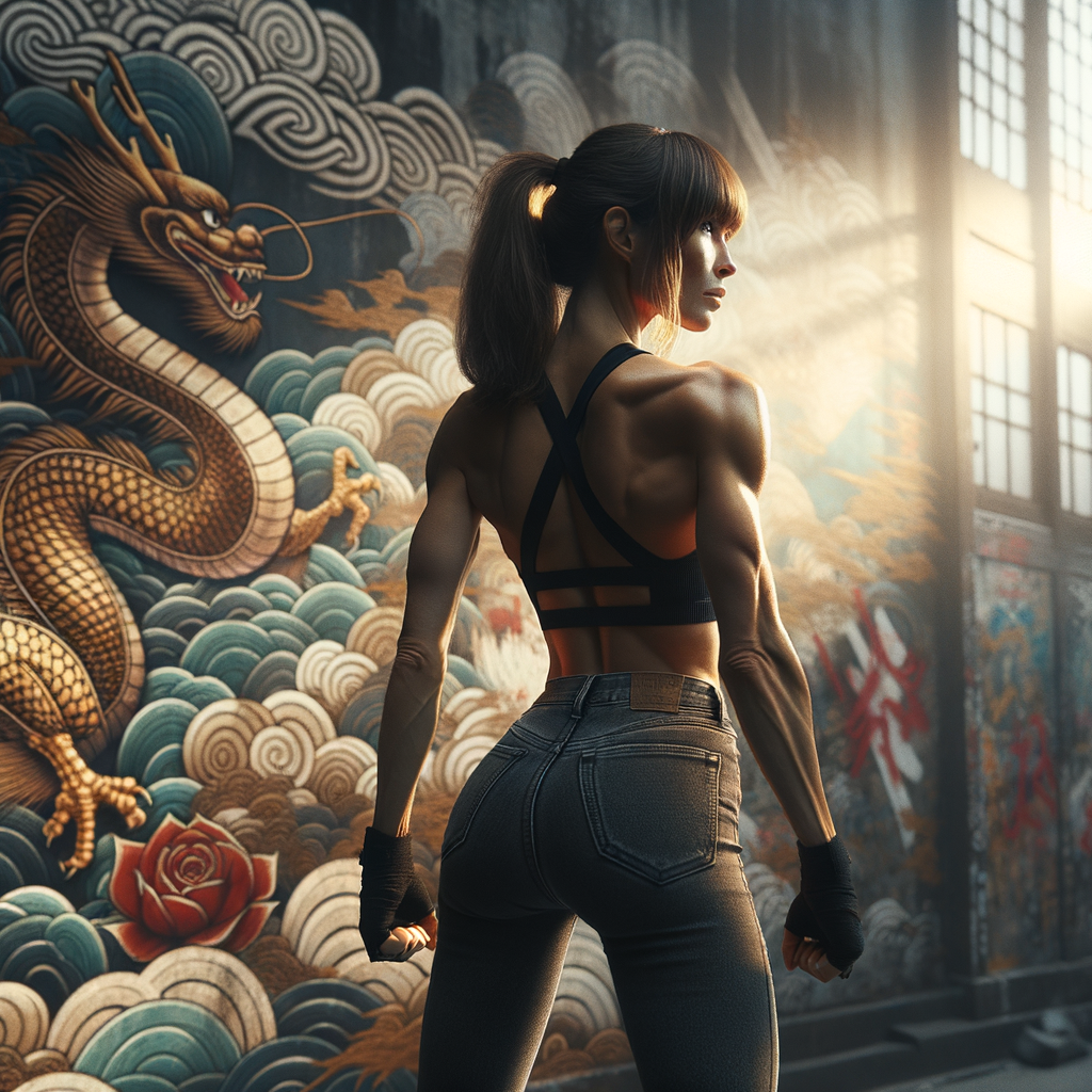 Athletic Thin skinny Attractive, Asian teenage girl, long brown hair and bangs, wearing tight skinny jeans and a halter top paint marks on her clothing, heroic pose Asian graffiti background, backside view