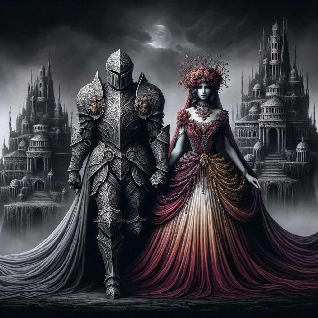 Black and grey knight standing with a Greek queen who has a burgundy , gold and pink dress on in front of a undead castle