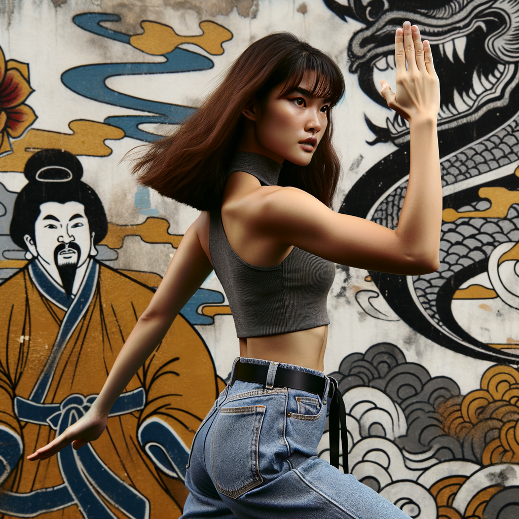 Very thin Athletic Thin skinny Attractive, Asian teenage girl, long brown hair and bangs, wearing tight skinny jeans and a halter top paint marks on her clothing, heroic sideways pose Asian graffiti background