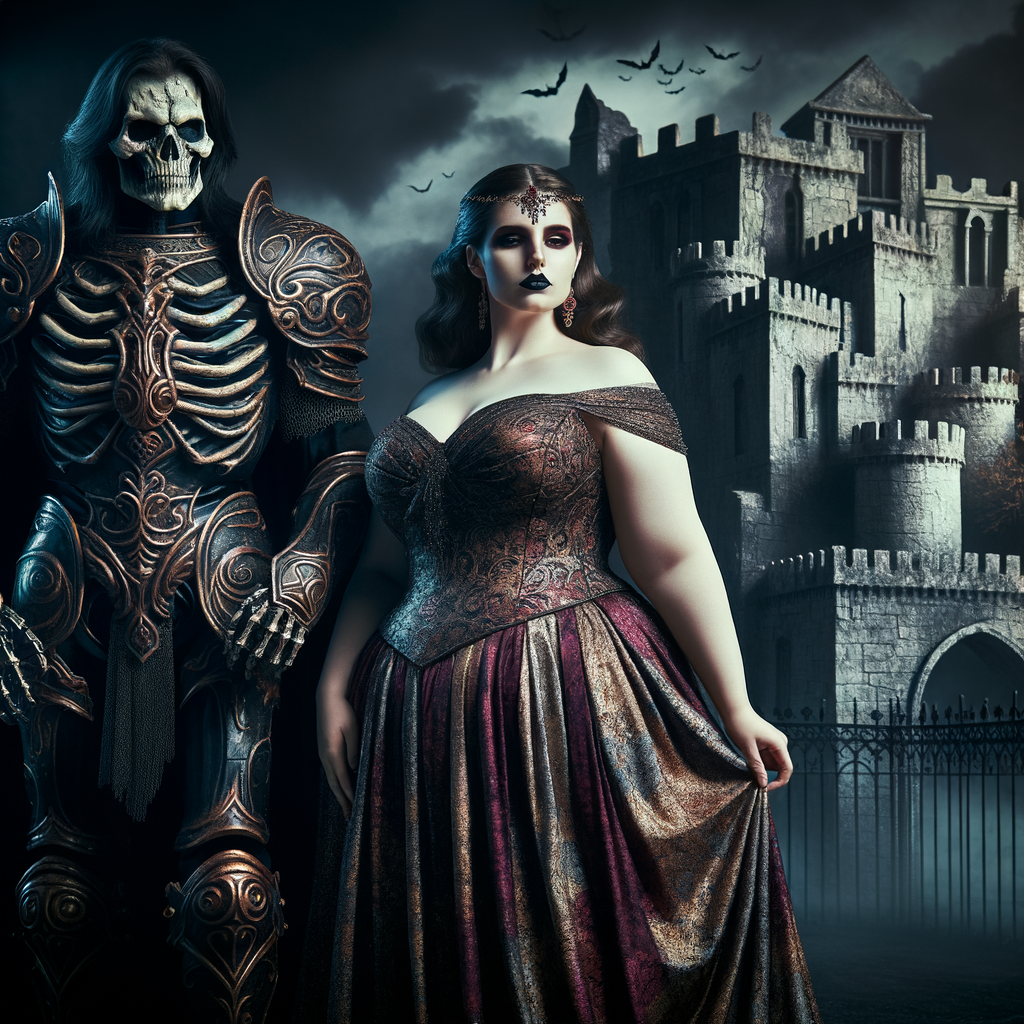 Black undead knight standing with a Greek thick curvy queen with a burgundy, gold and pink dress in front of a undead castle