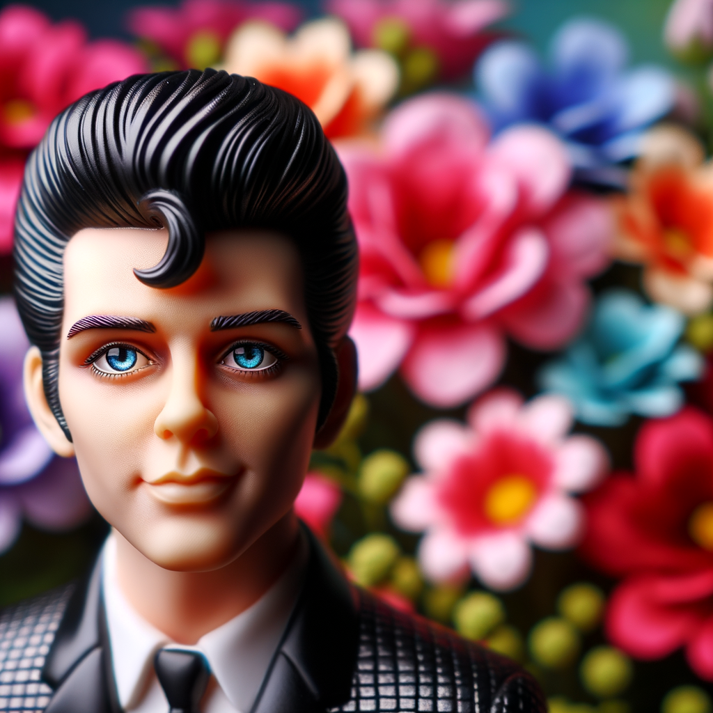 Elvis Presley doll with huge blue eyes flowers in the background