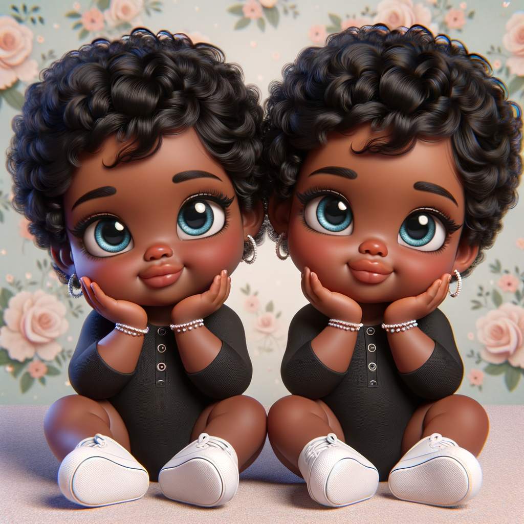 Imagine a pair of adorable, 3D animated african-American, infant twins with radiant blue eyes and curly black hair, posed with their chubby cheeks resting in their hands. They're dressed in simple yet stylish black onesies. Delicate jewelry adorns their wrists. They're seated comfortably with white sneakers on their feet. The background is a soft pastel floral pattern, creating an atmosphere of innocence and charm, without any text present in the image.