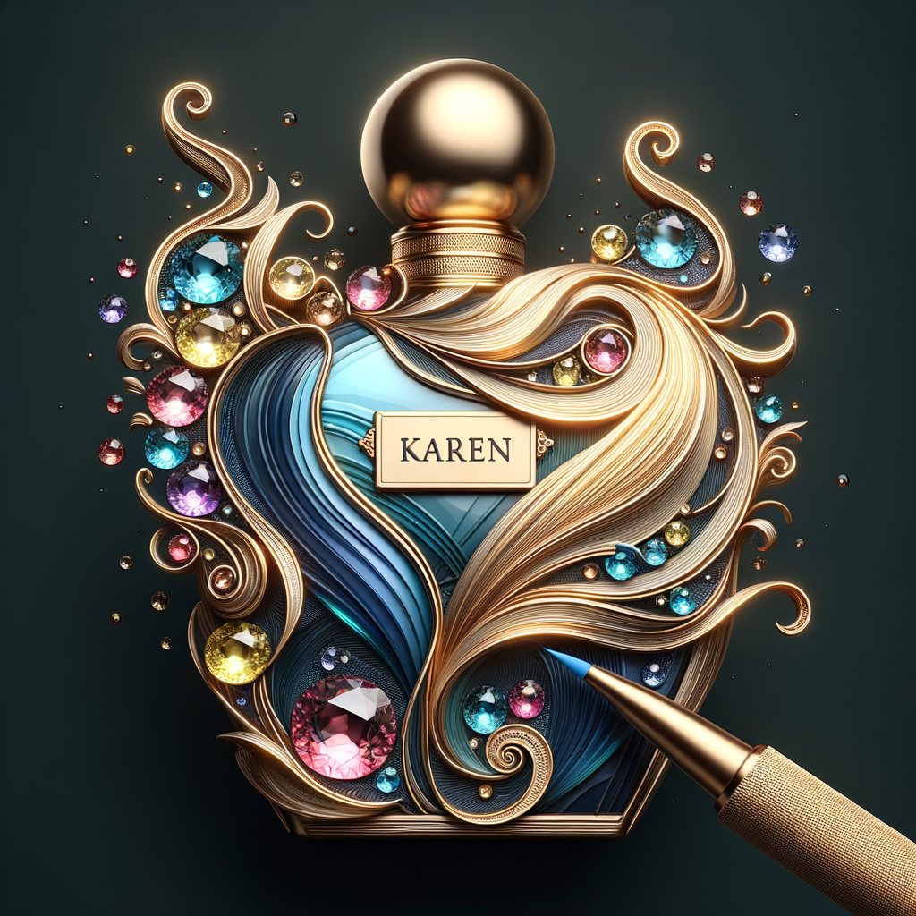 Create a 3-D realistic gold and  blue, colorful jewels perfume bottle
In the shape of a women’s body with the name Karen