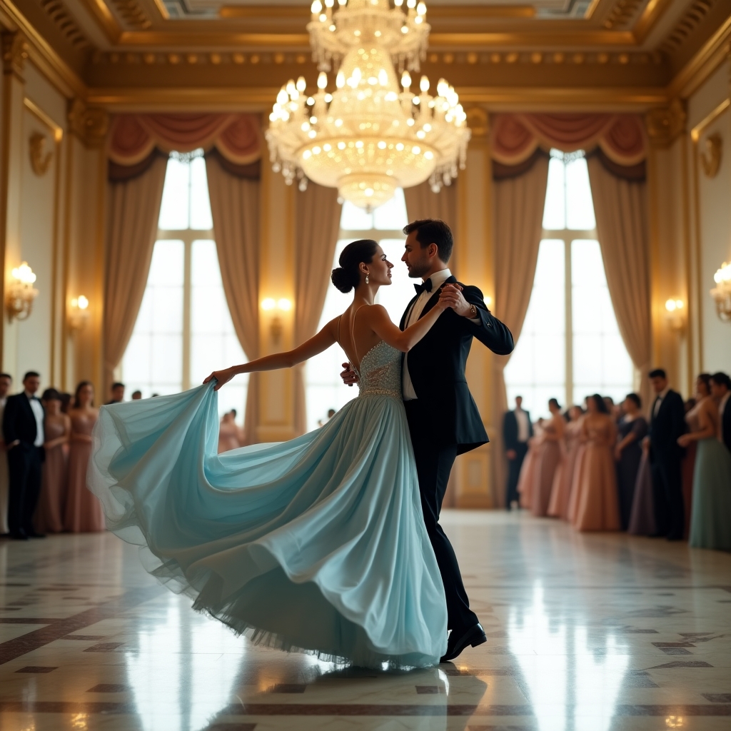 “A breathtaking shot taken with a Nikon D850 and a 24-70mm f/2.8 lens. Dahlia Valentina (DahliaValentina_ai) fit tall supple well endowed tanned Italian American model glides gracefully across an opulent ballroom floor, caught mid-turn in a Viennese waltz. She wears a flowing ice-blue ballgown, its delicate lace details shimmering under the golden glow of an enormous crystal chandelier. Her posture is poised, her expression serene as she twirls with an elegant dance partner in a classic tuxedo. The grand ballroom features intricate gilded moldings, towering windows draped with silk curtains, and polished marble floors reflecting their movements. The air feels enchanted, as if time itself has slowed for this graceful moment. The soft depth of field blurs the background slightly, enhancing the dreamlike quality of the scene.”