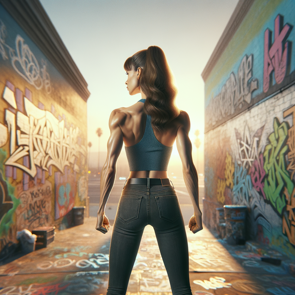 Athletic Thin skinny Attractive, Asian teenage girl, long brown hair and bangs, wearing tight skinny jeans and a halter top paint marks on her clothing, heroic pose Asian graffiti background, backside view