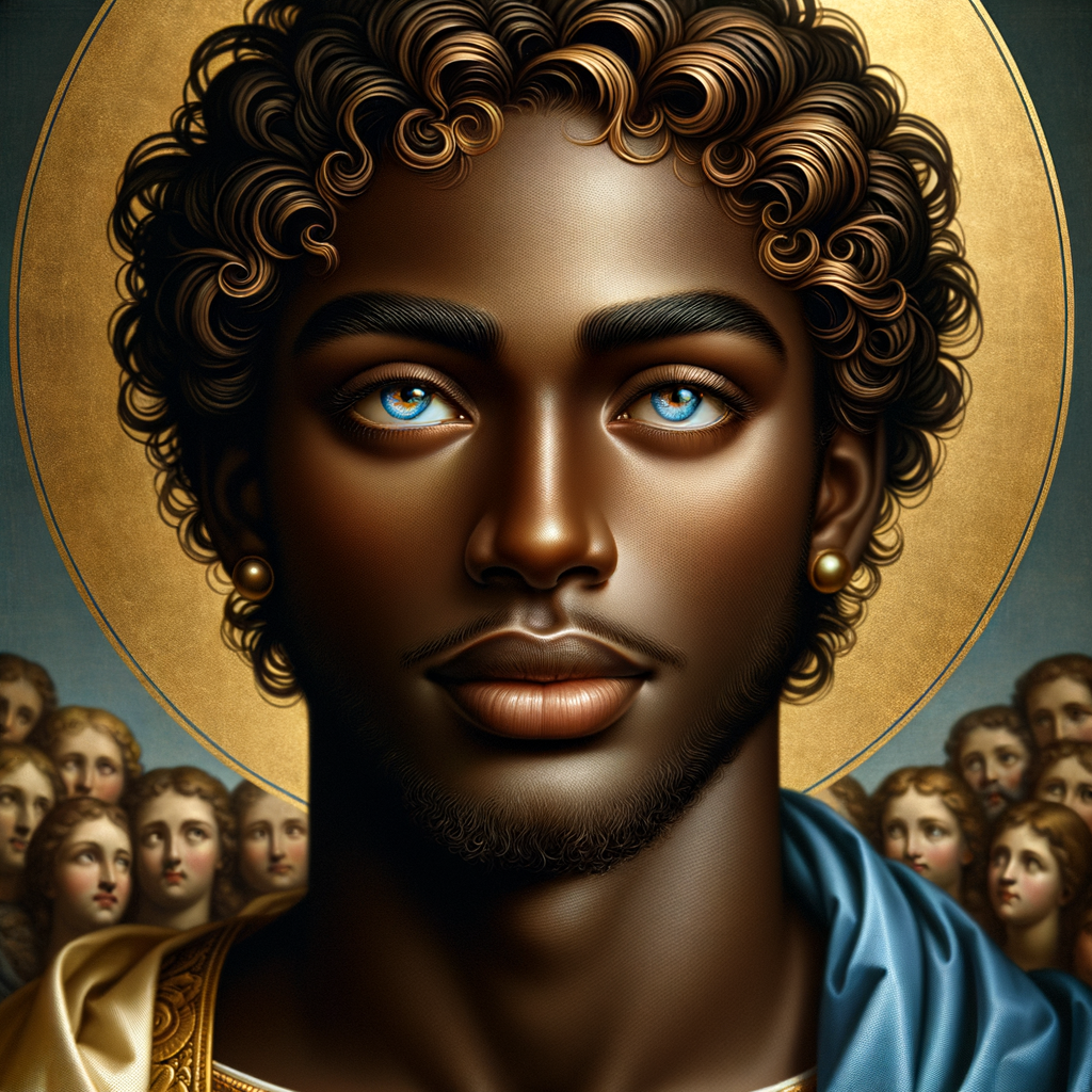 Create a beautiful African-American Jesus Christ with Hazel, brown eyes and blue and gold robe