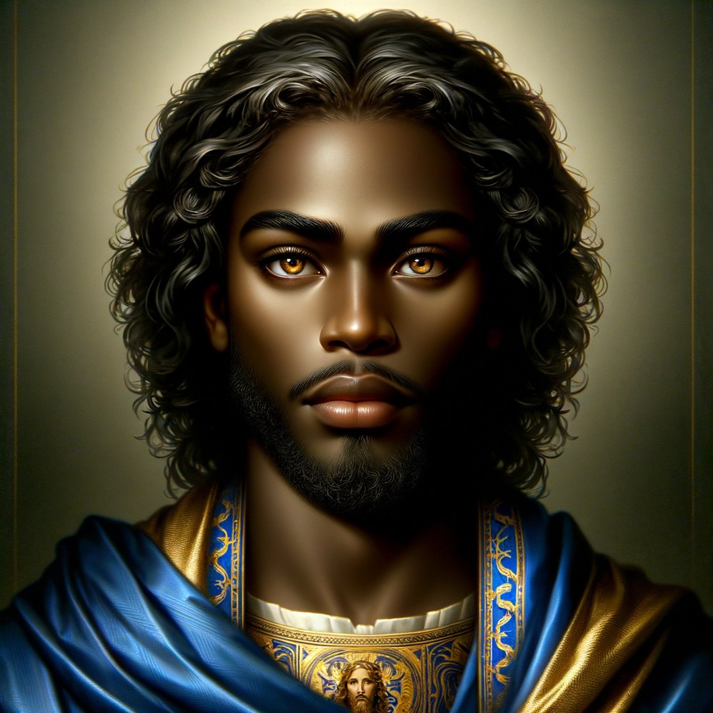 Create a beautiful African-American Jesus Christ with Hazel, brown eyes and blue and gold robe