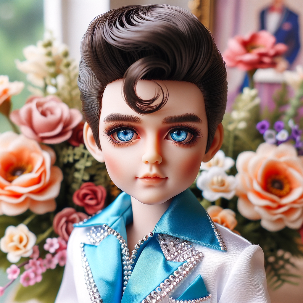 Elvis Presley doll with huge blue eyes flowers in the background