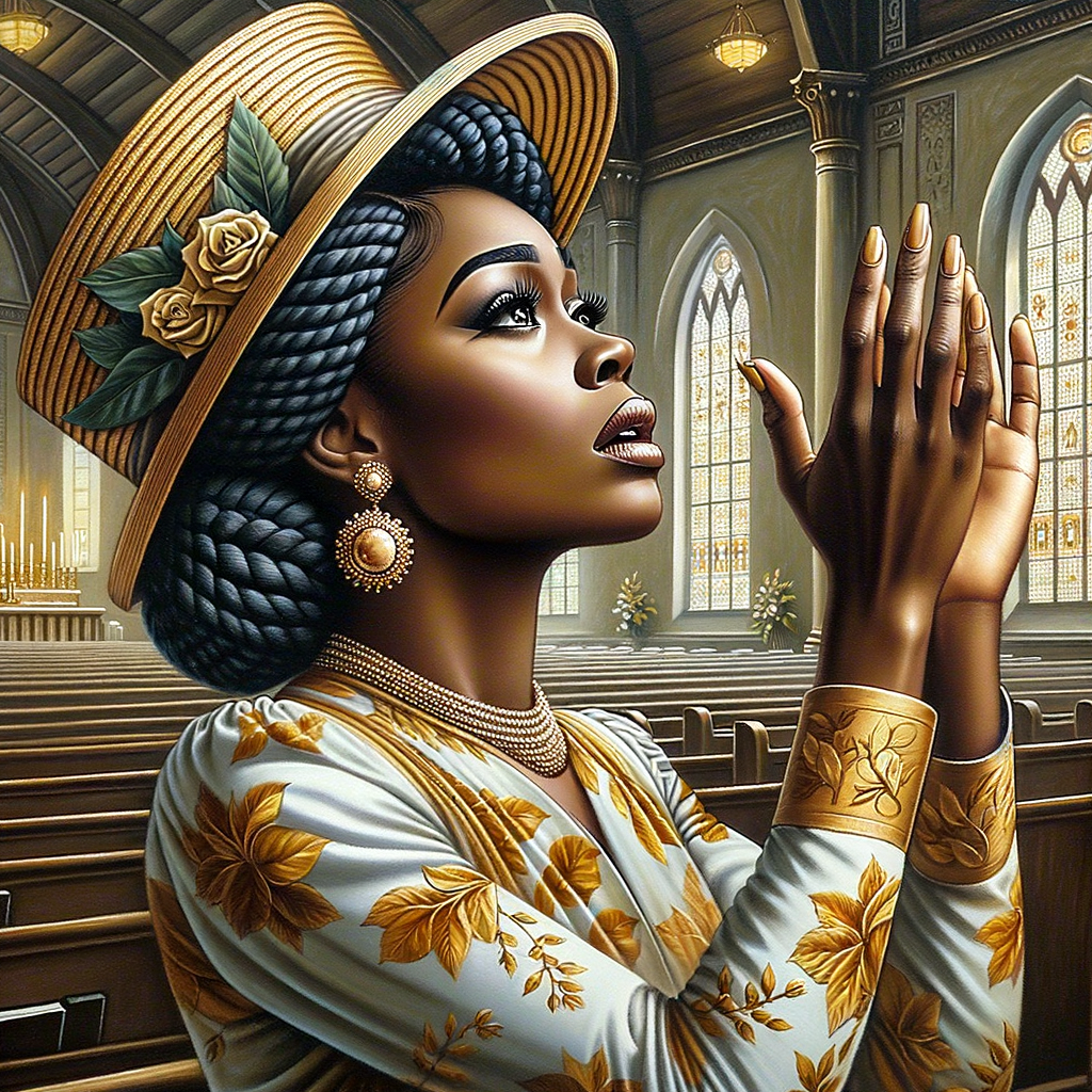 Render an airbrush oil painting of an African American woman with flawless makeup
kneeling at a church altar, her hands raised in a gesture of surrender to God. She's
dressed in stylish Sunday Best attire, with a particular focus on the delicate details of
her Church Hat. The background features a beautifully painted church interior, with the
oil paint texture enhancing the sacred atmosphere. The artwork should capture the
woman's devout expression, the elegance of her attire, and the spiritual ambiance of
the church setting, reflecting a moment of deep faith and devotion.