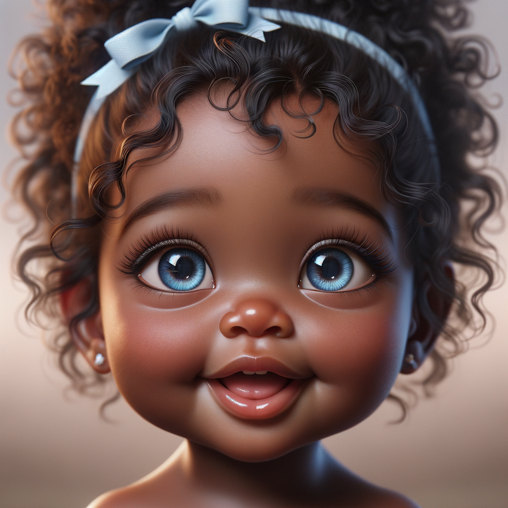 "Create a digital portrait of an adorable african-American baby girl with a joyful expression. Her big, bright blue eyes are wide with wonder, and her tiny mouth is shaped in a happy grin. Her skin has a warm, honey-brown tone, and she has an abundance of curly black hair, playfully tied up with light blue bows. The background is soft and neutral to keep the focus on her delightful features. The portrait should be vibrant and heartwarming, celebrating the innocence and charm of childhood."