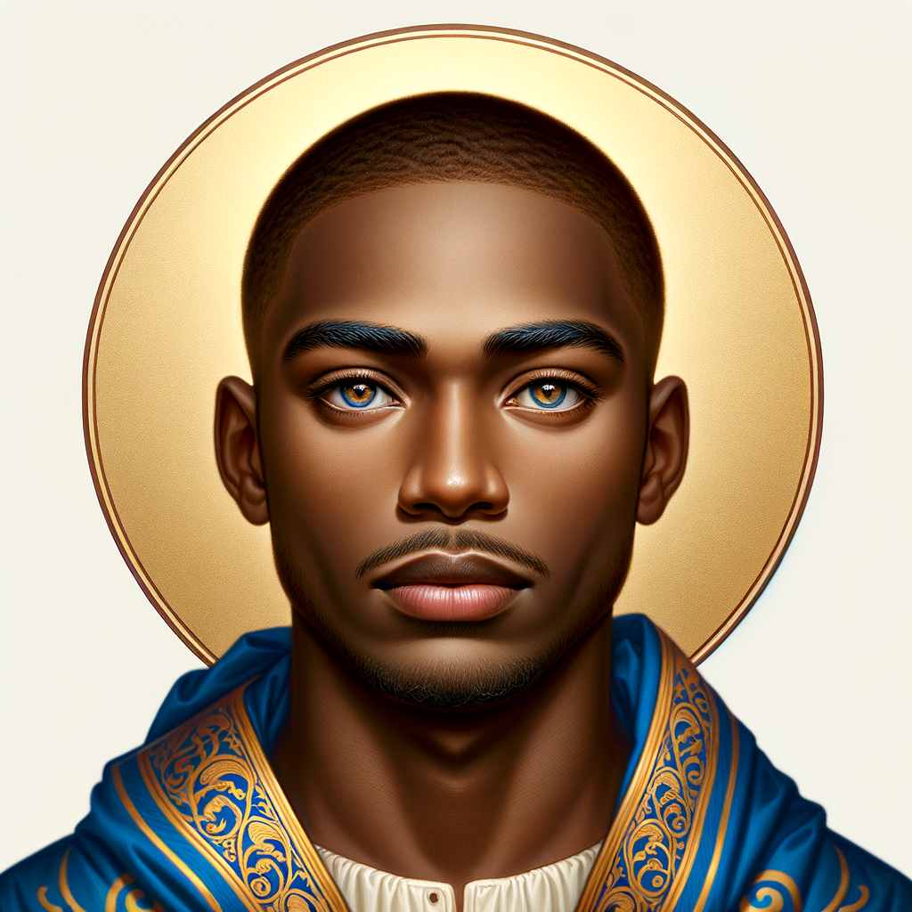 Create handsome African-American, Jesus, with Hazel Brown eyes wearing a blue and gold robe