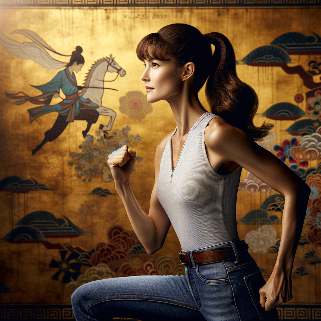 Athletic Thin skinny Attractive, Asian teenage girl, long brown hair and bangs, wearing tight skinny jeans and a halter top paint marks on her clothing, heroic pose Asian graffiti background, side view