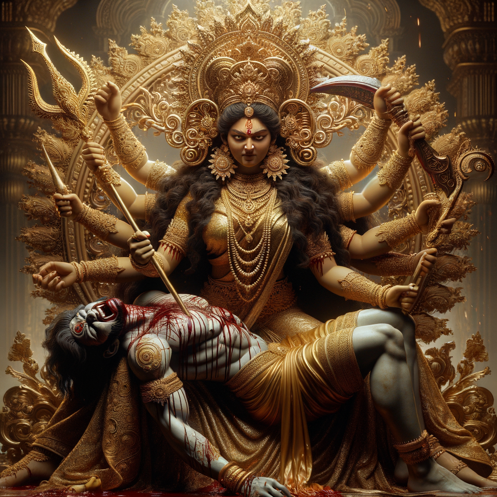 portrait of angry looking goddess durga sitting on a gold crown and carrying a weak mahishasur on her lap and stabbing him with her amazingly designed trident. She is wearing gold armor, a huge gold crown, gold saree, abundant  gold jewelry, covered in blood. The scene is set in ancient India. The image is 8K resolution, cinematic, ultra detailed face and epic.