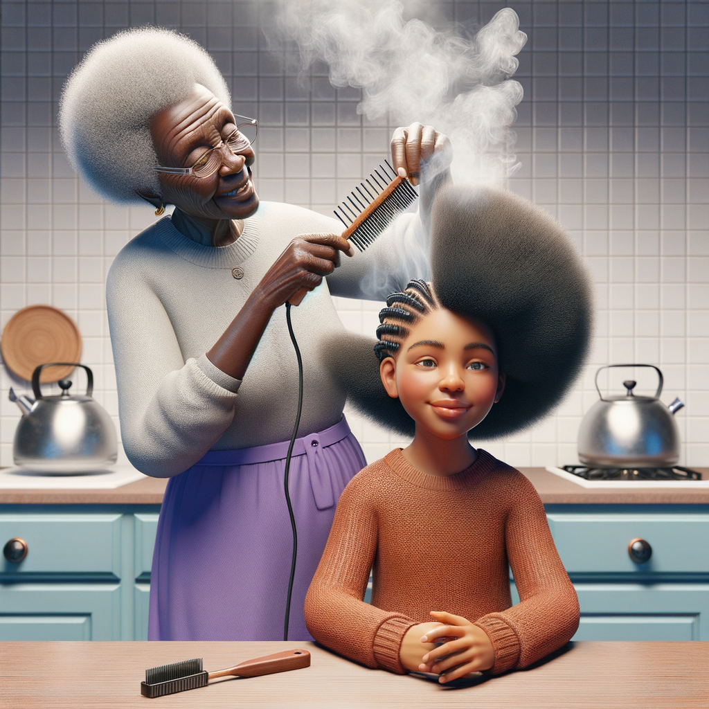 Create a realistic 3-D image of an african-American grandmother in the kitchen with her african-American granddaughter. The grandmother has a hot comb in her hair and she is straightening her granddaughters hair. One side of her granddaughters hair is in  a Afro the other is bone straight 
There is smoke coming from the hot comb