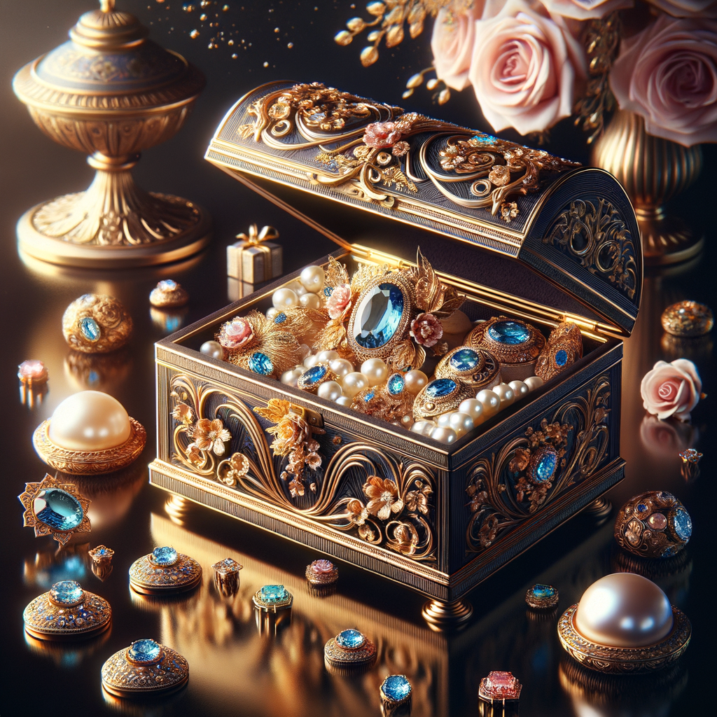 Create an image of an ornate jewelry box richly detailed with golden swirls and floral motifs, with no items on the top. Inside the box lies a collection of exquisite jewelry, each piece featuring vibrant blue gemstones set amongst pearls and golden accents. This treasure is placed on a dark wooden surface, subtly reflecting the luster of the gems. Around the box, there are loose gemstones, a golden flower, and soft pink roses in the blurred background, contributing to the elegant ambiance. The name 'Karen' is elegantly inscribed above the jewelry box, adding a personalized touch to the scene.