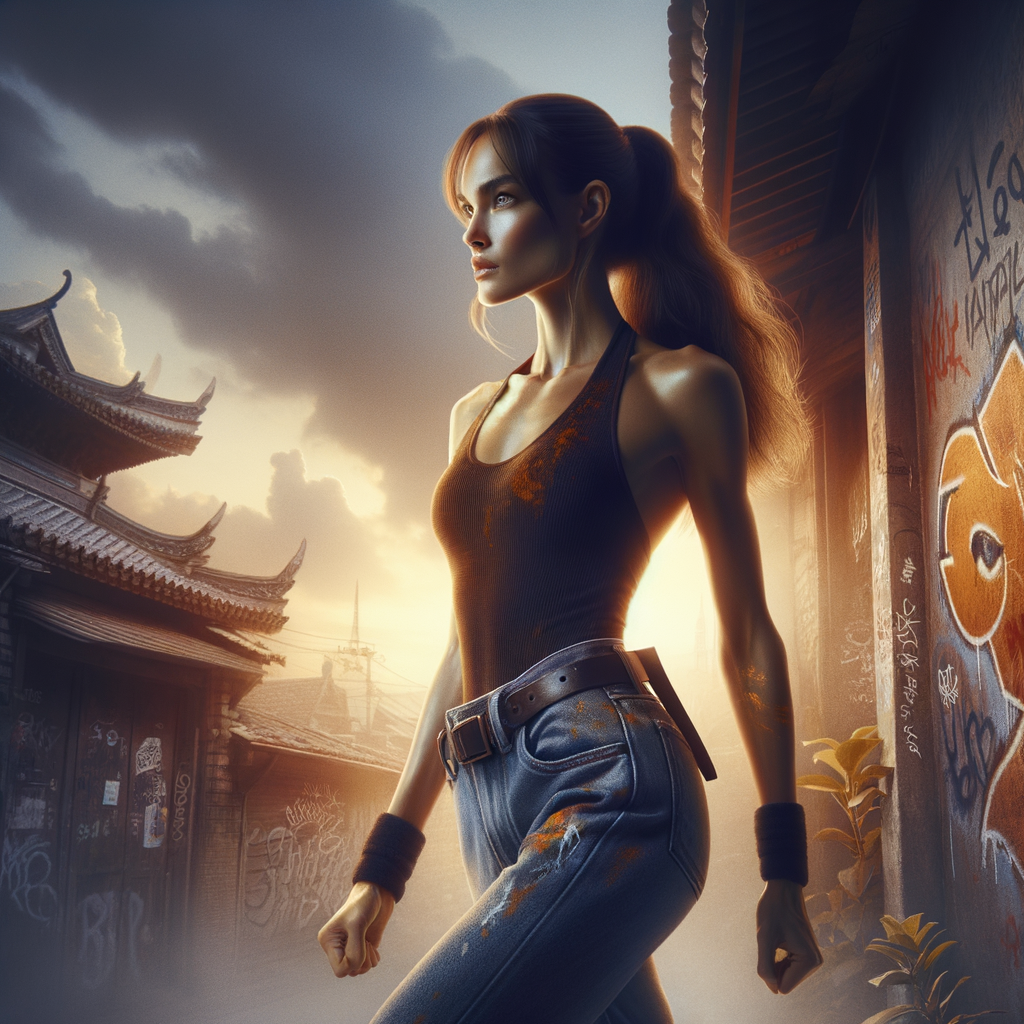 Athletic Thin skinny Attractive, Asian teenage girl, long brown hair and bangs, wearing tight skinny jeans and a halter top paint marks on her clothing, heroic pose Asian graffiti background, side view