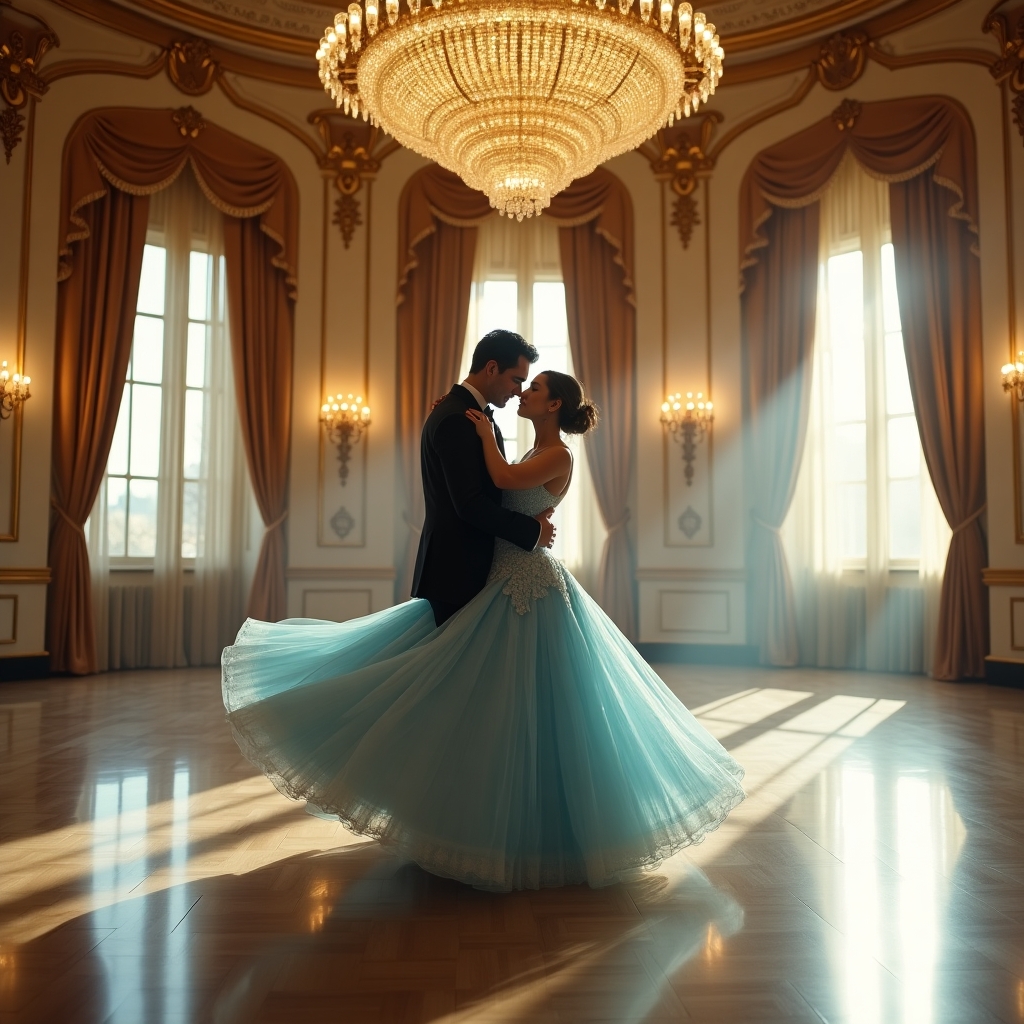 “A breathtaking wide-angle shot taken with a Nikon D850 and a 24-70mm f/2.8 lens. Dahlia Valentina (DahliaValentina_ai) fit tall supple well endowed tanned Italian American model glides gracefully across an opulent ballroom floor, caught mid-turn in a Viennese waltz. She wears a flowing ice-blue ballgown, its delicate lace details shimmering under the golden glow of an enormous crystal chandelier. Her posture is poised, her expression serene as she twirls with an elegant dance partner in a classic tuxedo. The grand ballroom features intricate gilded moldings, towering windows draped with silk curtains, and polished marble floors reflecting their movements. The air feels enchanted, as if time itself has slowed for this graceful moment. The soft depth of field blurs the background slightly, enhancing the dreamlike quality of the scene.”