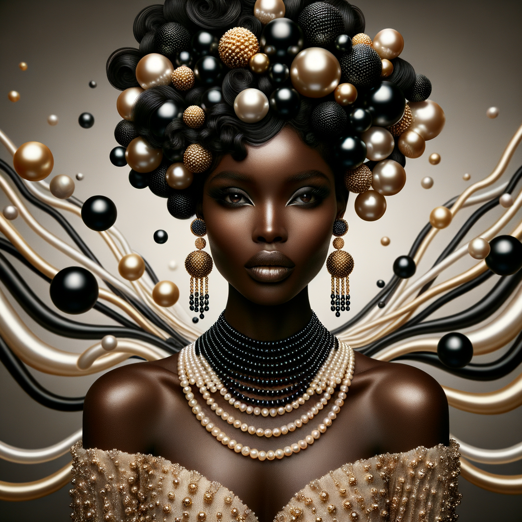 Imagine a digital portrait of a light skinned African-American Latino regal woman named KAREN Her attire and accessories are exclusively adorned with black and gold pearls. They grace her voluminous hair, styled in an elegant updo, where the black pearls form the roots and the gold pearls create the stunning curls. Her ears boast chandelier earrings, with black pearls clustered at the top, transitioning to gold pearls that dangle with delicate grace. Around her neck, a tiered necklace cascades with strands of alternating black and gold pearls, reflecting a sophisticated contrast.

Her shoulders are draped with a luxurious off-shoulder gown, the fabric's weave incorporating intricate patterns formed by black and gold pearls. The gown's texture has a subtle sheen, suggesting a high-quality material with a pearlescent finish. As a centerpiece, a grand brooch sits at her collar, with a large gold pearl surrounded by an elaborate design of smaller black pearls.

The background of the portrait features an abstract composition of floating pearls, swirling in a dance of shadows and light, emphasizing the color theme of black and gold. The name "KAREN" is discreetly integrated into the lower right corner of the artwork, blending seamlessly with the design, as if it were a signature part of the jewelry ensemble. The overall effect is one of timeless elegance, a blend of modern design and classic beauty, all tied together by the luxurious palette of black and gold.