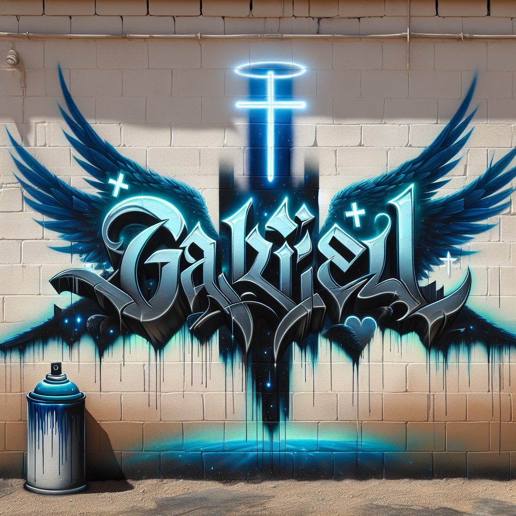 neon urban graffiti rock letters metallic blue and black of name " GABRIEL" with crosses glowing. the name "GABRIEL" also has angel wings & a Silver halo hovering it. in the bottom right corner a can of spray paint dripping with metallic blue liquid. background is vanilla center block wall.