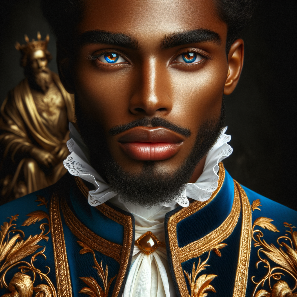 Create handsome African-American, Jesus, with Hazel Brown eyes wearing a blue and gold robe