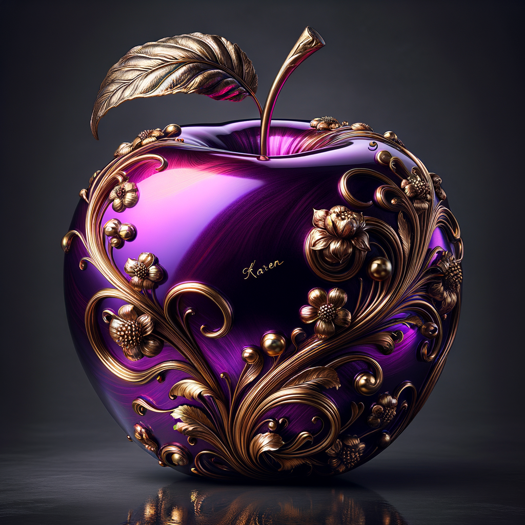 Envision a lustrous, oversized apple with a surface that gleams in a radiant shade of purple, as if lacquered to a high shine, reflecting light from its smooth, curvaceous form. The apple is adorned with elegant gold leaf patterns that swirl luxuriously around its contour, bringing a baroque opulence to its appearance. The stem, a bronzed sculpture in itself, supports a single leaf that seems to glow with an inner luminescence. At the apple’s base, a collection of flowers blooms, their petals softening the scene with organic shapes and colors that harmonize with the vibrant purple and gold. Incorporated into the metallic filigree in an artful script is the name "Karen," as if the apple were personally inscribed, enhancing the custom and bespoke quality of the piece.