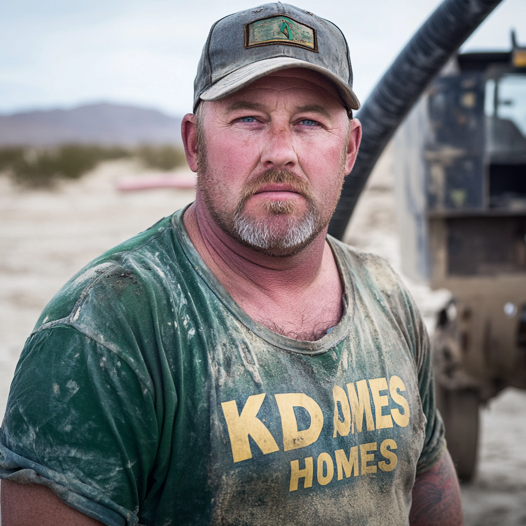 Brian Nobles a real 39 year old Caucasian male who is using  a concrete mixer, he is a  pump operator holding the hose which carries the liquid concrete to the foundation pour, Brian is slowly  beginning his transition into middle age, Brian Nobles is beginning to look like a older middle aged man, he has large reflective blue eyes and a wrinkled brow,Brian has a beard greying balding , prominent large protruding round fat obese belly,,thick greying goatee beard,decreased muscle mass ,very noticeable male pattern balding hairline, Brian Nobles now has a  prominent receding and thinning male hairline (onset male pattern baldness), slightly fat overweight(Caucasian)wearing tight body conforming  glossy satin shiny green and gold tight fitting body conforming UnderArmour athletic bodysuit,emblazoned with the "KD HOMES" real estate logo, standing confidently in front of a newly completed constructed new KD HOME in Victorville California in a raw desert landscape. Brian has a protruding fat obese muscular physique, large male bulge, fat obese muscular frame , shows a substantial frame with a noticeable mature hairline and expressive eyes. His workman’s  pose should reflect his experience in his trade.