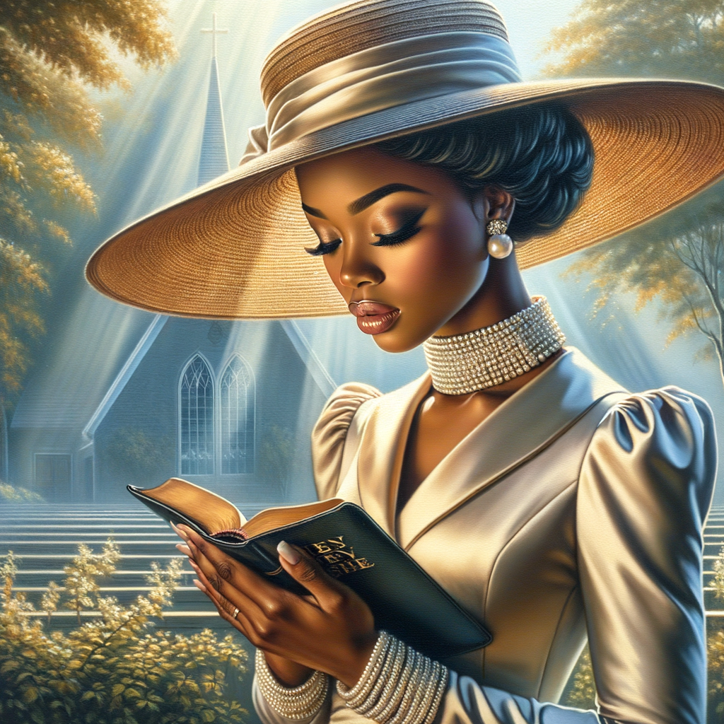 Render an airbrush oil painting of an African American woman with flawless makeup in a
contemplative pose, holding a Bible close to her heart, dressed in an elegant Sunday Best
outfit with a distinctive Church Hat. The background features a peaceful church garden,
with light filtering through the trees, highlighting her spiritual connection and the personal
moment of reflection. The artwork should capture the tranquility of the scene, the beauty
of her attire, and the depth of her contemplation, reflecting a serene and spiritually