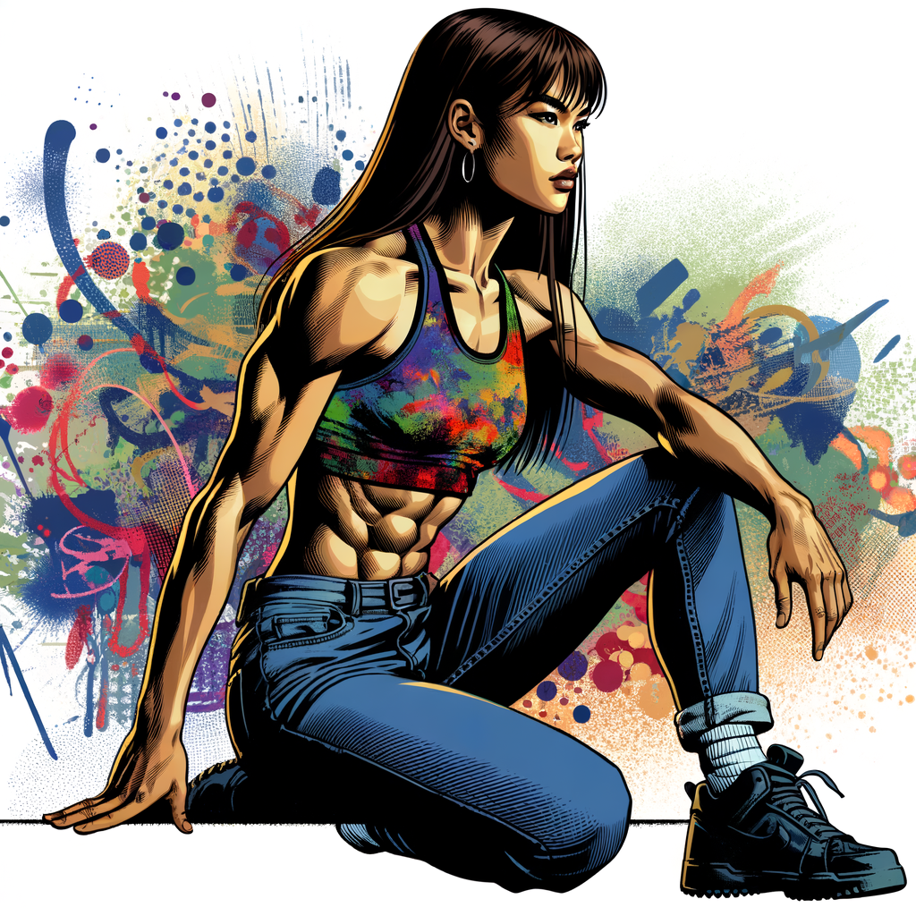 Very thin Athletic Thin skinny Attractive, Asian teenage girl, long brown hair and bangs, wearing tight skinny jeans and a halter top paint marks on her clothing, sitting side view heroic pose Asian graffiti