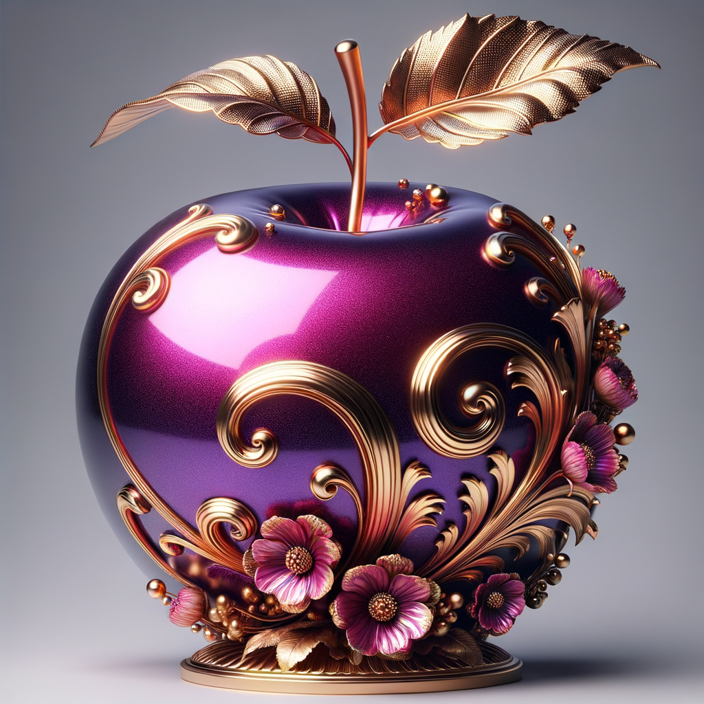 Envision a lustrous, oversized apple with a surface that gleams in a radiant shade of purple, as if lacquered to a high shine, reflecting light from its smooth, curvaceous form. The apple is adorned with elegant gold leaf patterns that swirl luxuriously around its contour, bringing a baroque opulence to its appearance. The stem, a bronzed sculpture in itself, supports a single leaf that seems to glow with an inner luminescence. At the apple’s base, a collection of flowers blooms, their petals softening the scene with organic shapes and colors that harmonize with the vibrant purple and gold. Incorporated into the metallic filigree in an artful script is the name "Karen," as if the apple were personally inscribed, enhancing the custom and bespoke quality of the piece.