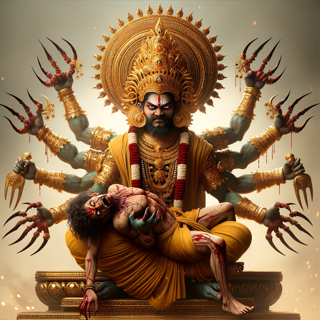 portrait of angry looking, four-armed indian goddess  sitting on a gold crown and carrying a weak mahishasur on her lap and poking his abdomen with her amazingly long red fingernails . She is wearing gold armor, a huge gold crown, gold saree, abundant  gold jewelry, covered in blood. The scene is set in ancient India. The image is 8K resolution, cinematic, photography, ultra detailed face and epic.